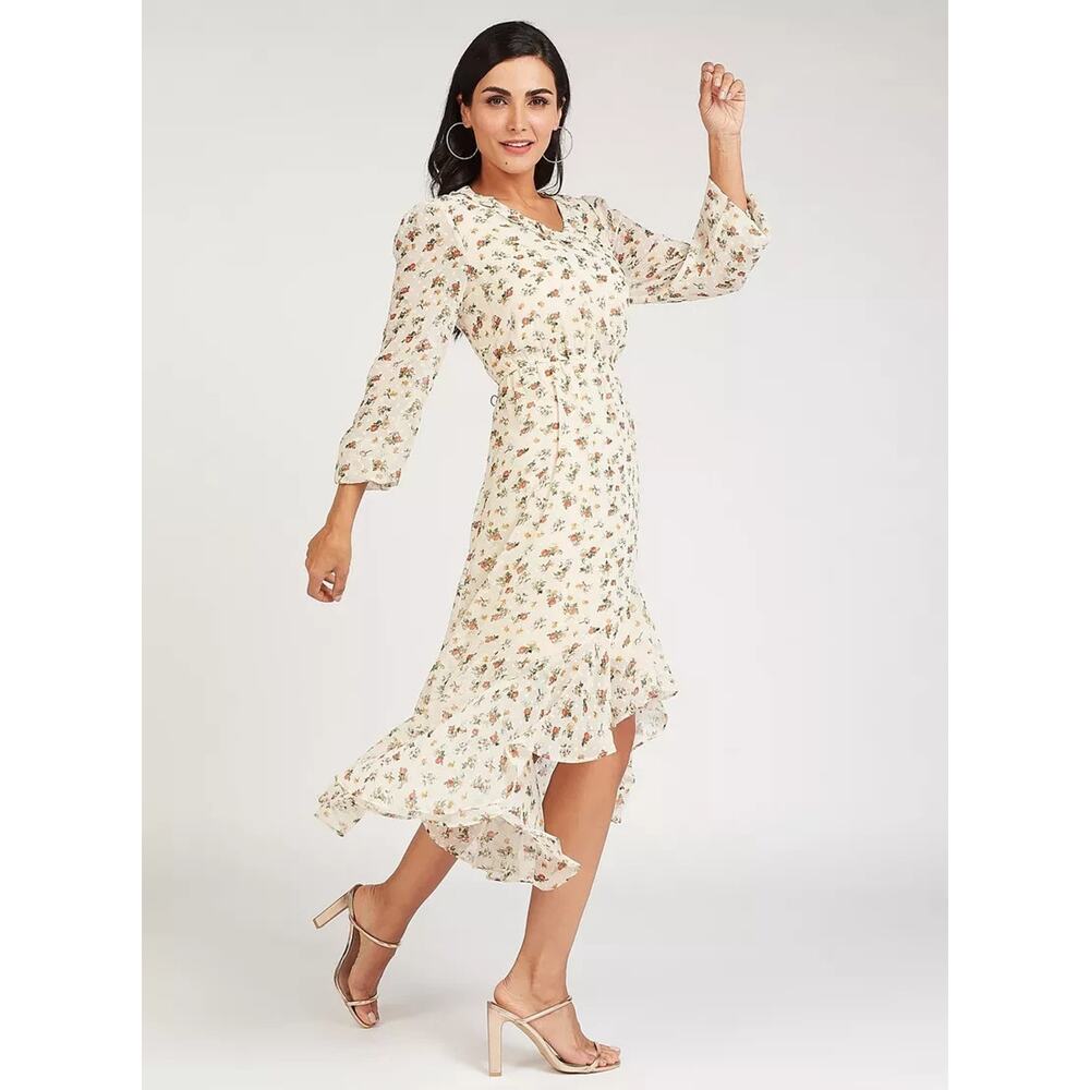 SPLASH Floral Dots Sheer Long Sleeves Ruffle Dress Ivory Green Orange Lined 14 - Picture 5 of 15